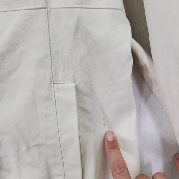 Blanc Noir Belted Coat Size Medium Puff Ruffle Trim Ivory Snap Button Midi - Picture 12 of 15